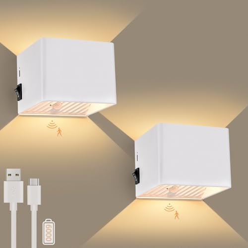 GeyouLux 2 Stück 6000mAh Akku Wandleuchte mit Bewegungsmelder Innen 5W Aufladbare Wandleuchte Innen Ohne Stromanschluss mit 3 Modi 3000K Wandlampe Innen Akku für Treppe Flur Wohnzimmer Schlafzimmer
