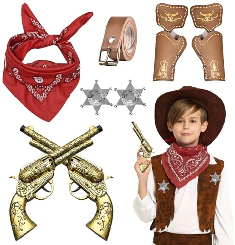 DOWNDRIFT Cowboy Kostüm Zubehör Kinder Jungen,8 Stück Western Cowboy Zubehör,Cowboy Kostüm Kinder Zubehör Cowboy Halstuch Spielzeug Western Cowboy Kostüm Cowboy Set Kostüm für Karneval Cosplay