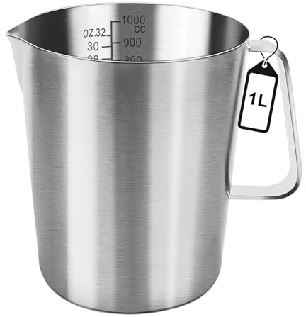 WPPQWP Misurino da 1 l, in acciaio inox, con manico, in acciaio inox 304, per uso alimentare, con scala once e Ml, lavabile in lavastoviglie, bricco per latte, caffettiera per il ghiaccio, colore: