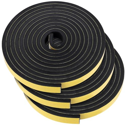 JIEHIN 3 unidades de 5 m de goma espuma autoadhesiva, 25 mm (ancho) x 10 mm (diámetro), cinta de sellado autoadhesiva, negra, cinta de espuma autoadhesiva, para ventanas, puertas, placas de cocina