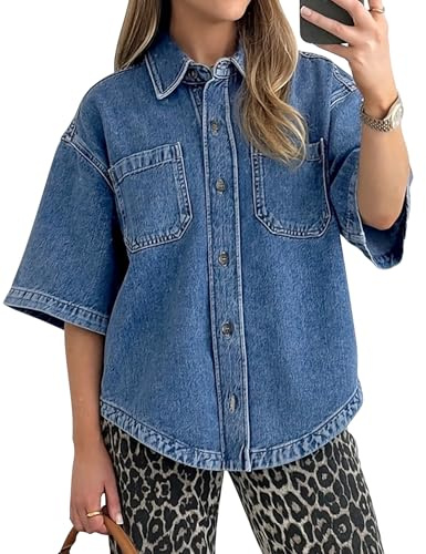 POTILI Women's Denim Shirt, Button Down Short Sleeve Jean Shirts Casual Top Outfits Trendy Blue