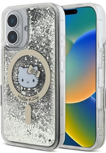 CG MOBILE Hello Kitty HKHMP16SLGDIK Case for iPhone 16 6.1 Inch Black and Gold Liquid Glitter Fever