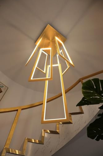 LYSDjia Moderner Kronleuchter LED Pendelleuchte für hohe Decken dimmbar schicke rechteckige große Leuchte geeignet für Wendeltreppe Villa Wohnzimmer Hotelrestaurant mit Fernbedienung Hängelampe(Gold,6