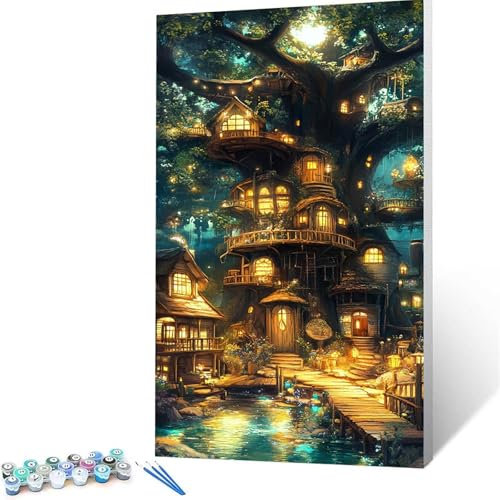 Malen Nach Zahlen Erwachsene Baumhaus, Malen Nach Zahlen Kinder Landschaft, DIY Handgemaltes Ölgemälde Set für Anfänger 30x60cm, Bastelset Erwachsene Paint by Numbers, Geschenke für Frauen 1000