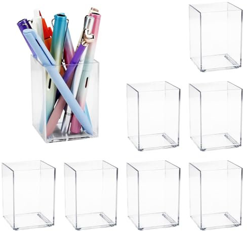 X-BLTU 8 Pcs Clear Acrylic Pencil Holder Pen Pot, Pen Holder for Desk, Transparent Makeup Brush Storage, Pencil Pots Desktop Organiser Stationary Organiser for Home Office School Supplies (Square)