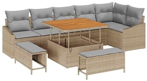 vidaXL Garten-Sofa-Set mit Kissen 9 pcs Beige Poly Rattan, Garten- und Terrassensofa-Set, rechteckig, modulare Form, verstellbare Füße, wetterfester, robuster Rattan-Stil