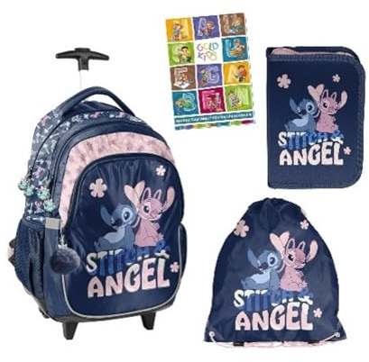PASO - Schulranzen für Jungen und Mädchen - 4er-Set Schul-Rucksack mit Rollen für Kinder mit Federmäppchen - Schuhbeutel und Hausaufgabenheft- Lilo und Stitch Motiv - 1-3 Klasse
