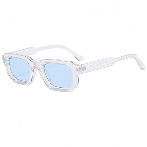 WDZAYXC Vintage Rechteckige Sonnenbrille für Damen Herren Rectangle Sunglasses Retro Brille UV400 Schutz (Transparent/Hellblau)