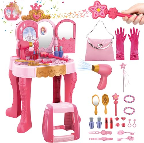 deAO Schminktisch Spielset für Kinder mit Hocker & Schminkset, Schminke Frisiertisch für Mädchen mit Licht Musik, Öffnen Sie die Tür per Induktion, Kinderschminke Set für Mädchen ab 3 Jahren - Rosa