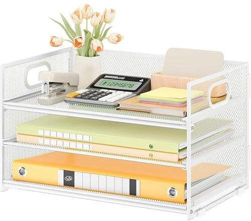 VITVITI 3 Tier Paper Desk Organizer with Handle and 1 Pcs Slideable Letter Tray, A4 Paper File Folder Sorter Metal Mesh Organizer for Home Office School Desk Supplies Organization Storage - White
