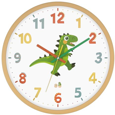 Koosome Kids Dinosaur Wall Clock 30cm Silent Non-Ticking (No Battery) | 12 Inch Colourful Analog Clock for Children Bedroom & Nursery | Wood-Look Frame, Easy-to-Read, Gift for Boys & Girls