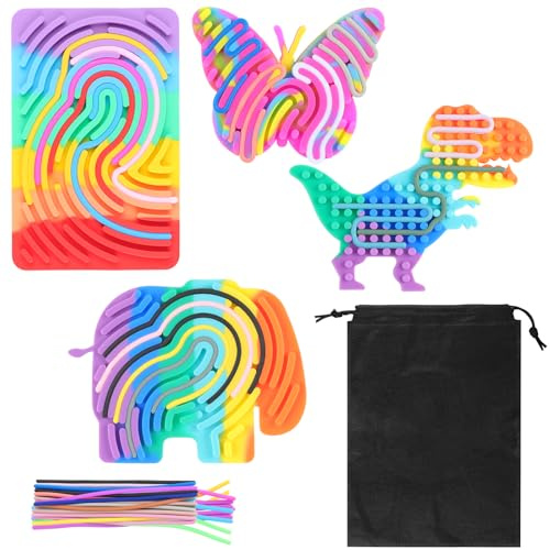 SRunDe 4 Piezas Sensorial Tabla de Silicona con Bolsa PortáTil y 44 Cuerdas Tablero de Actividad Wiggly Toy Panel de DiseñO de Doble Cara Educativo Regalo Habilidades Motoras Relajarse TDAH Autismo