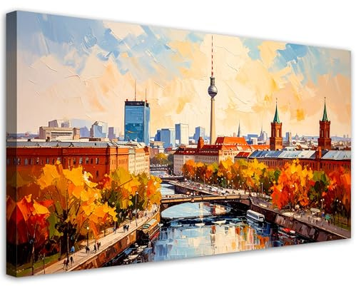 Feeby Bild auf Leinwand - Wandbilder Wohnzimmer Aesthetic - Panorama von Berlin Stadt - 120x60 1tlg - Schlafzimmer Wandekoration - Bilder Zimmer - Living Room - Deko Wandbilder - Moderne Bild