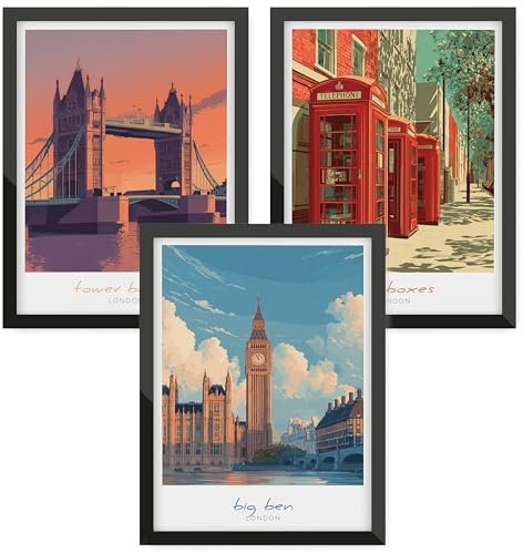 Donari Städte Poster Set – Wandbilder mit Skyline & City Motiven | New York, London, Paris & mehr | Moderne Wanddeko für Wohnzimmer & Büro (Set 5 - London, 30x40 cm, Schwarzer Rahmen)