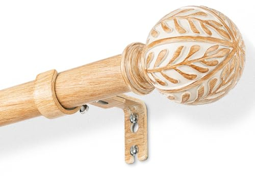 DEFYNEE Extendable Curtain Poles 76-219 cm | 25mm Metal Core with Wood Effect | Leaf Design Finials Curtain Rod for Windows & Doors, Brown