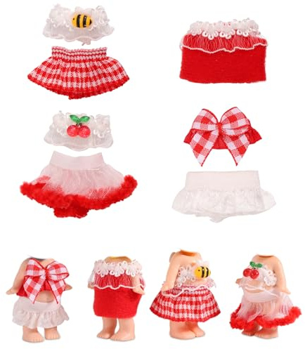Goktvai 4 Sets Puppenkleidung für 7,5-8cm Große Sammlerpuppen, Oberteile und Röcke Outfits zur Präsentation und Dekoration Geschenk für Erwachsene Sammler (Rot)