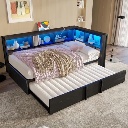 BTM 90x200 Tagesbett mit LED-Beleuchtung Ausziehbett, Metall Schrankbett Schlafcouch Ausziehbar Bett (ohne Matratze) Schwarz
