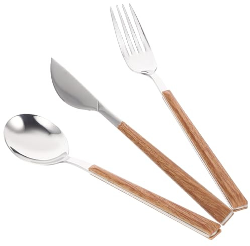 YARNOW Couverts Camping en Acier Inoxydable Manches Imitation Bois, Set 3 Pièces Réutilisable, Kit Vaisselle Maison et Fêtes, Léger et Facile à Nettoyer