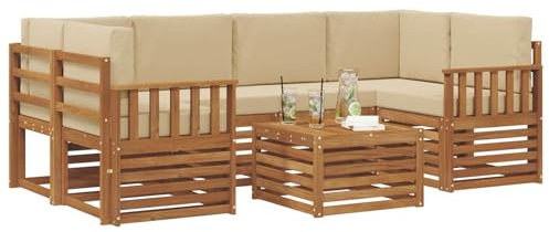 vidaXL Sofagarnituren 7 pcs Natur und Beige Massivholz Akazie, Garten-Sofa-Eckgarnitur, strapazierfähiges Lounge-Möbel, modernes Patio-Set für chilliges Terrassenleben