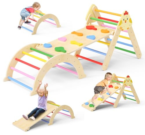 HuuppHip Klettergerüst,3-in-1 Indoor Spielset Kletterdreieck Faltbares Kletterspielzeug für Kleinkinder Montessori-Kletterset aus Holz für Kinder von 2 bis 10 Jahren Kletterspielzeug für Kleinkinder