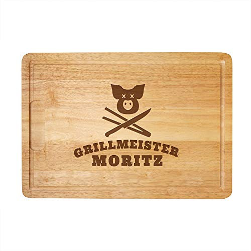 Casa Vivente Schneidebrett aus Holz mit personalisierter Gravur für Grillmeister, Geschenk für Männer, Motiv Schwein Grillmeister, 40,5 x 28,5 x 2 cm