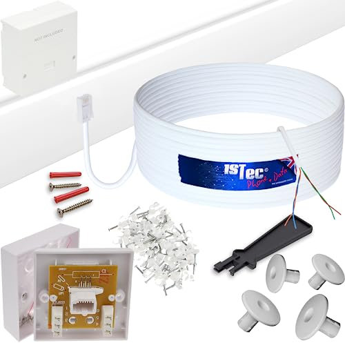 1STec 20m DIY BT Openreach Phone/ADSL Fibre Broadband Kit with Solid Core Twisted Pair Cable + Plug + 2/3a Surface Mount Wall Box + Grommets + Clips + Screws + Instructions (20 Metre, White)