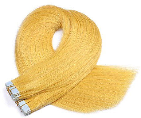 Tape In - On Hair Extensions - # YELLOW - 70cm - 30 Tressen je 4cm Breit / 2,5g - 100% Remy Echthaar Haarverlängerung/Extention mit Klebeband Tressen by NOVON Hair Extentions