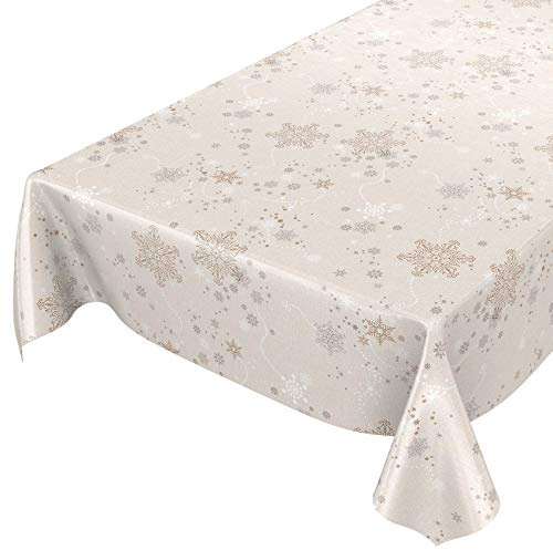 ANRO Wachstuchtischdecke Wachstuch Wachstischdecke Tischdecke Weihnachten Schneeflocken Beige 140 x 120 cm (Rechteckig) Eingefasst