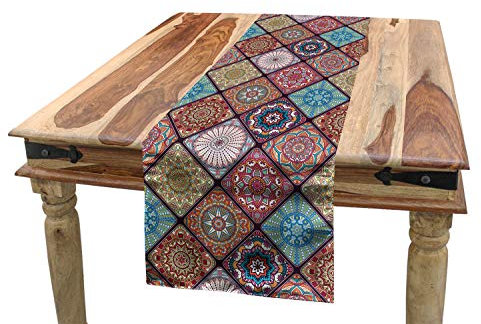 ABAKUHAUS Mandala Tischläufer, Bunte Mosaik-Blumen, Esszimmer Küche Rechteckiger Dekorativer Tischläufer, 40 x 300 cm, Lachs Aqua