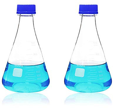 ULAB Scientific Erlenmeyer Flasks with Blue Screw Cap, 34oz 1000ml, 3.3 Borosilicate with Printed Graduation, Pack of 2, UEF1021