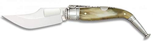 Navaja JEREZANA con CARRACA Nº 1 Mango de Asta Toro Hoja de Acero INOX inoxidable de 8,5 cm para Camping, Caza, Pesca, Supervivencia y Bushcraft Albainox 01027 + Portabotellas de regalo