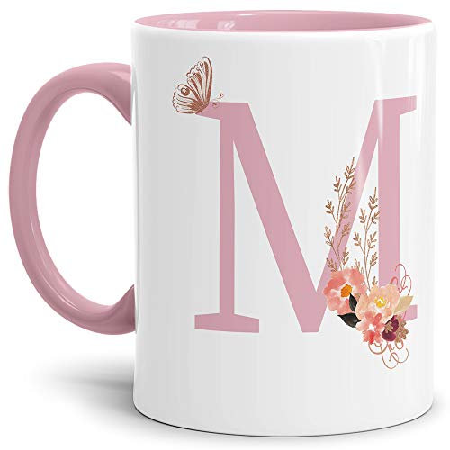 Tassendruck Buchstaben-Tasse mit Blumen - Buchstabe M - Innen & Henkel Rosa - Mug/Cup/Becher/Edel/Geschenk-Idee/Beste Qualität - 25 Jahre Erfahrung