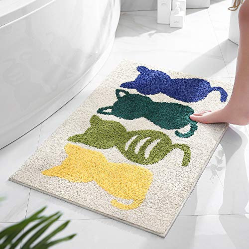 Treer Badezimmermatte Weicher Saugfähig Badezimmerteppich, Mikrofaser Beflockung Badematten Antirutsch Badvorleger Duschteppich Waschbar Badteppich (50x80cm,Khaki Katze)
