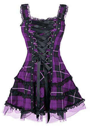 Minetom Robes Femme Mini Robe À Carreaux Robes De Cocktail sans Manches Rétro Vintage Rockabilly Bandage Corsage Dentelle Gothique Steampunk Robe Violet XL