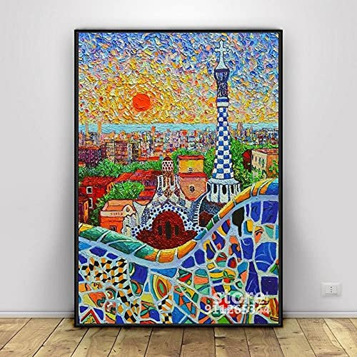 ZHJJD Barcelona Wand Bilder Sonnenaufgang Güell Park Poster Gaudi Turm Gemälde Wandbilder Fan Gemälde Leinwand Gemälde Für Wohnzimmer Schlafzimmer Dekor 60x80cm Kein Rahmen, Schwarz & Weiß