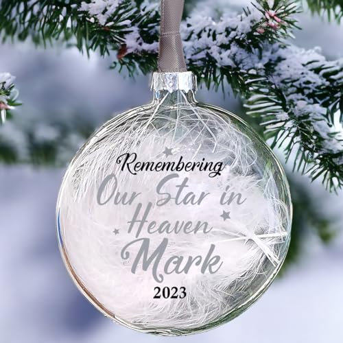 Personalised Memorial Bauble Glass In 10 Colours Filled With White Feather Remembering Our Star in Heaven Glass Christmas Tree Decoration (Silver)