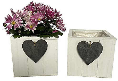 OF 2 Blumentöpfe mit Herz aus Holz im Set - Liebevoller Blumentopf, Blumenkasten - Weiß, Grau (Weiß P44), 15 x 15 x 14 cm