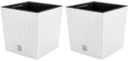 PAFEN 2X Rattan Blumentopf 4L – 17 x 17 x 17 cm - Pflanzkübel mit Einsatz Blumenkübel Low Pflanztopf Kunststoff, Weiß