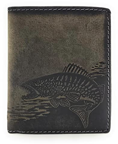 Lemasi echt Leder Geldbörse Anglerbörse Portemonnaie mit RFID NFC Schutz Fisch Zander (grau)