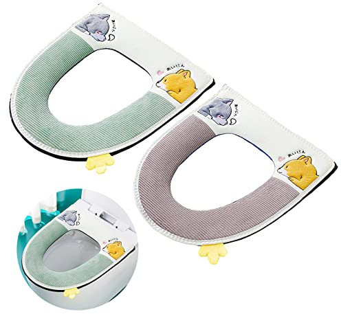 2 pcs Universal Thickened Toilet Seat Cushion Cover Warm Washable and Reusable Soft Toilet Seat Cover Pads with Zipper (Green + Grey)