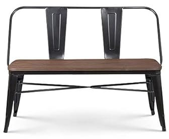 Kosmi Banc en métal Noir Mat avec Dossier et Assise Bois foncé - Style Industriel
