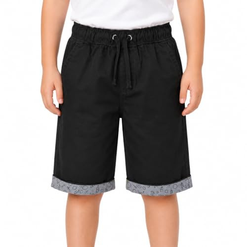 Bienzoe Boys Elastic Waist Shorts: Cotton Twill Drawstring Bermuda Black 16