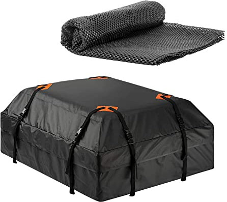 Pomurom Toit Voiture Étanche, 14.6 Pieds Cubes Sac Toit Voiture, Toit Pliable Souple avec Tapis Antidérapant et 6 Sangles Robustes, Adapté à Les Véhicules avec/sans Porte-Bagages