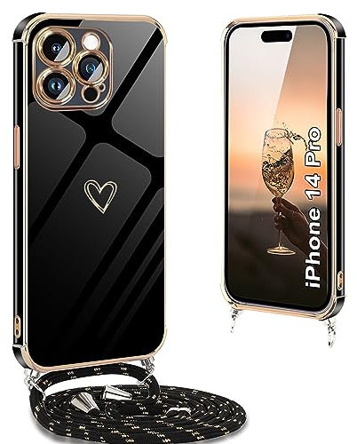 Yutwo Handyhülle iPhone 14 Pro mit Band, Handykette iPhone 14 Pro Hülle mit Band Silikon Stoßfeste iPhone 14 Pro Hülle mit Band mit Herz Love Design Schutzhülle für iPhone 14 Pro, Schwarz
