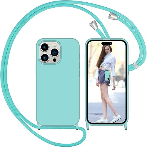 Nupcknn Funda Silicona Líquida con Cuerda para iPhone 15 Pro, Carcasa Suave Silicona Case con Correa Colgante Ajustable Collar Correa de Cuello Cadena Cordón(Azul Glaciar)