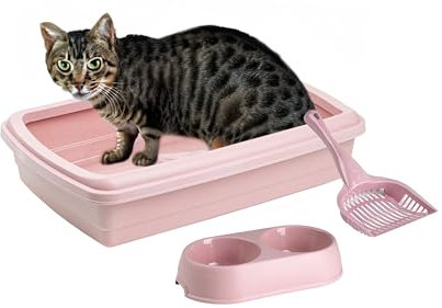 Perfect Cat Starter Set - Comes with Litter Tray & Scoop along with Duo Feeding Bowl Dishes for Food and Milk (Pink)
