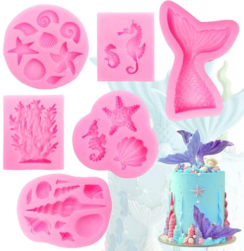 Meerjungfrau Silikon Backform, Snowtain 6 Pcs Silikon Meerjungfrau Silikonform Meerjungfrau Fondantform, 3D Ozean Tier Backform Set für Kuchen, Schokolade, Süßigkeiten Ice Jelly(Rosa)