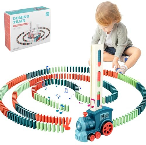 Towwoo Domino Zug Spielzeug, 200 Stuck 4 Farben Domino Baustein Blöcken Set, Automatischer Elektrischer Zug mit Licht und Ton Kinder Geschenk für Mädchen Jungen ab 3 Jahren