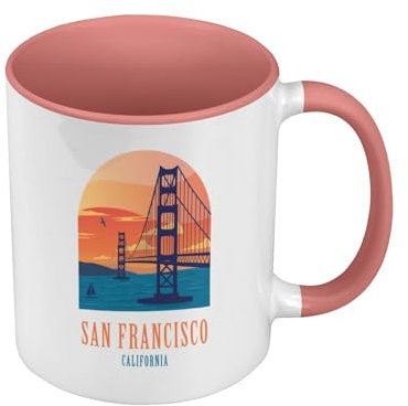 Tasse, Farbe Premium Qualität, Rosa – San Francisco California Brücke Golden Gate Illustration USA – Tasse mit Henkel und farbigem Innenfutter