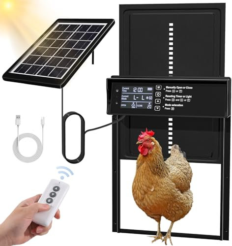 Shikha Automatische Hühnerklappe Solar, Aluminum Hühnerklappe mit Wasserdicht LED Display, Timer, Lichtsensor, Fernbedienung, Elektrische Hühnerstalltür Hühnertür, Intelligenter Einklemmschutz & Alarm